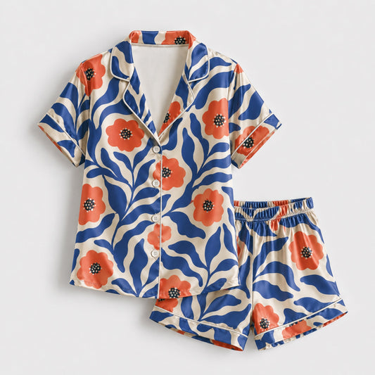 PJ-124-Abstract Botanical Pattern Pajamas Luxury Satin Cobalt Blue Leaf Theme Boxy Fit Loungewear Sleepwear Nightwear Apparel Set
