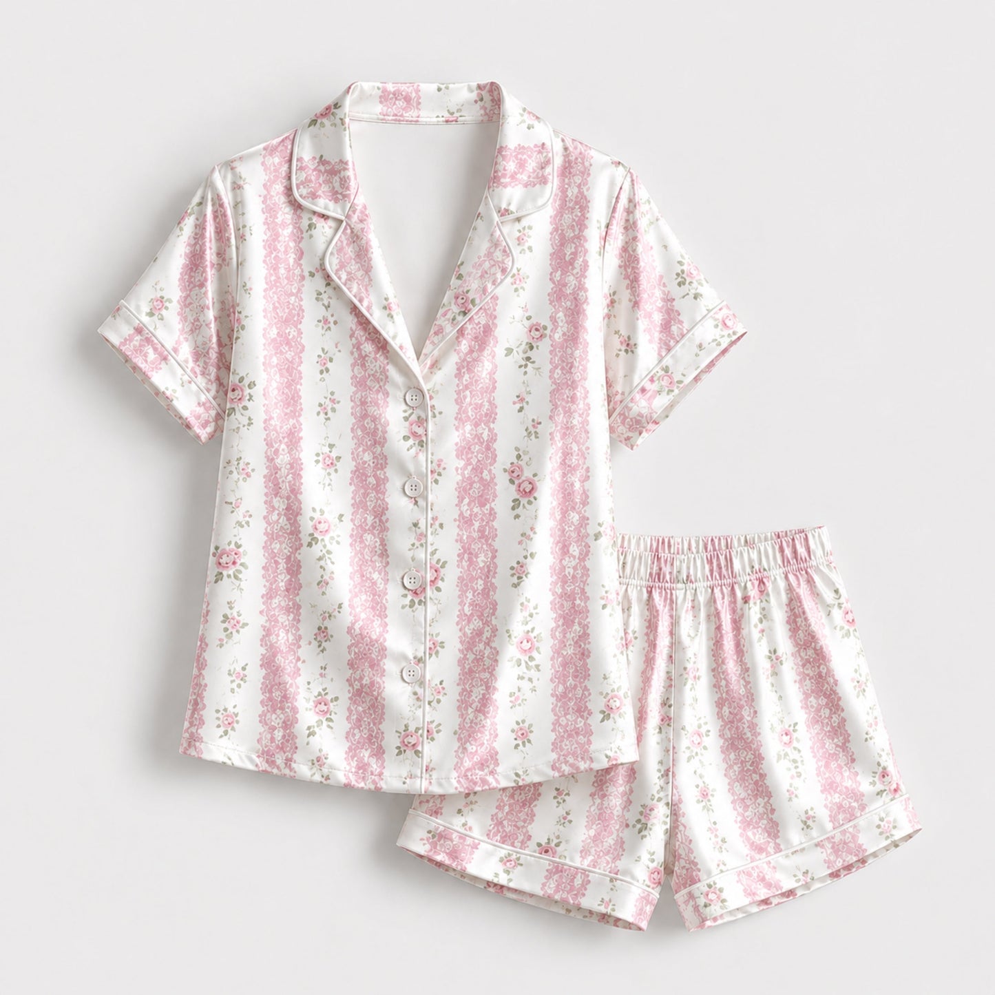 PJ-125-Vertical Floral Ribbon Pattern Pajamas Luxury Satin Cottage Garden Theme Boxy Fit Loungewear Sleepwear Nightwear Apparel Set