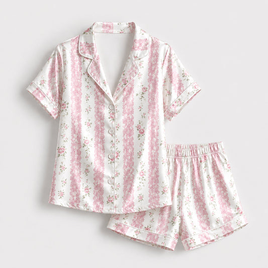 PJ-125-Vertical Floral Ribbon Pattern Pajamas Luxury Satin Cottage Garden Theme Boxy Fit Loungewear Sleepwear Nightwear Apparel Set