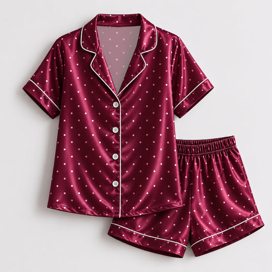 PJ-126-Women Polka Dot Print Satin Pajamas Classic Spot Loungewear Sleepwear Nightwear Burgundy White Pjs Two Piece Set