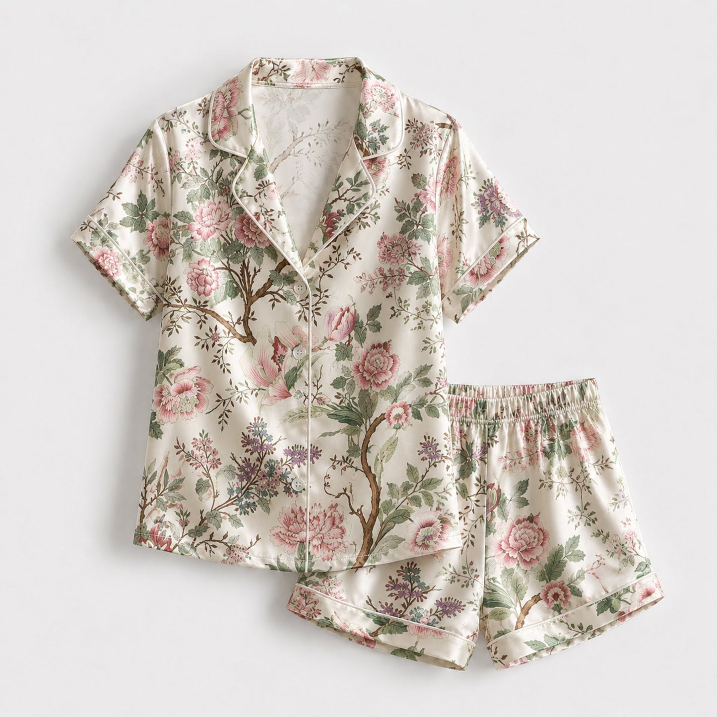 PJ-127-Cream Chinoiserie Peony Floral Print Satin Pajamas Oriental Blossom Loose Fit Loungewear Sleepwear Nightwear Pjs Clothing Set