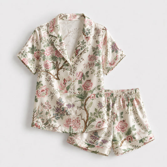 PJ-127-Cream Chinoiserie Peony Floral Print Satin Pajamas Oriental Blossom Loose Fit Loungewear Sleepwear Nightwear Pjs Clothing Set