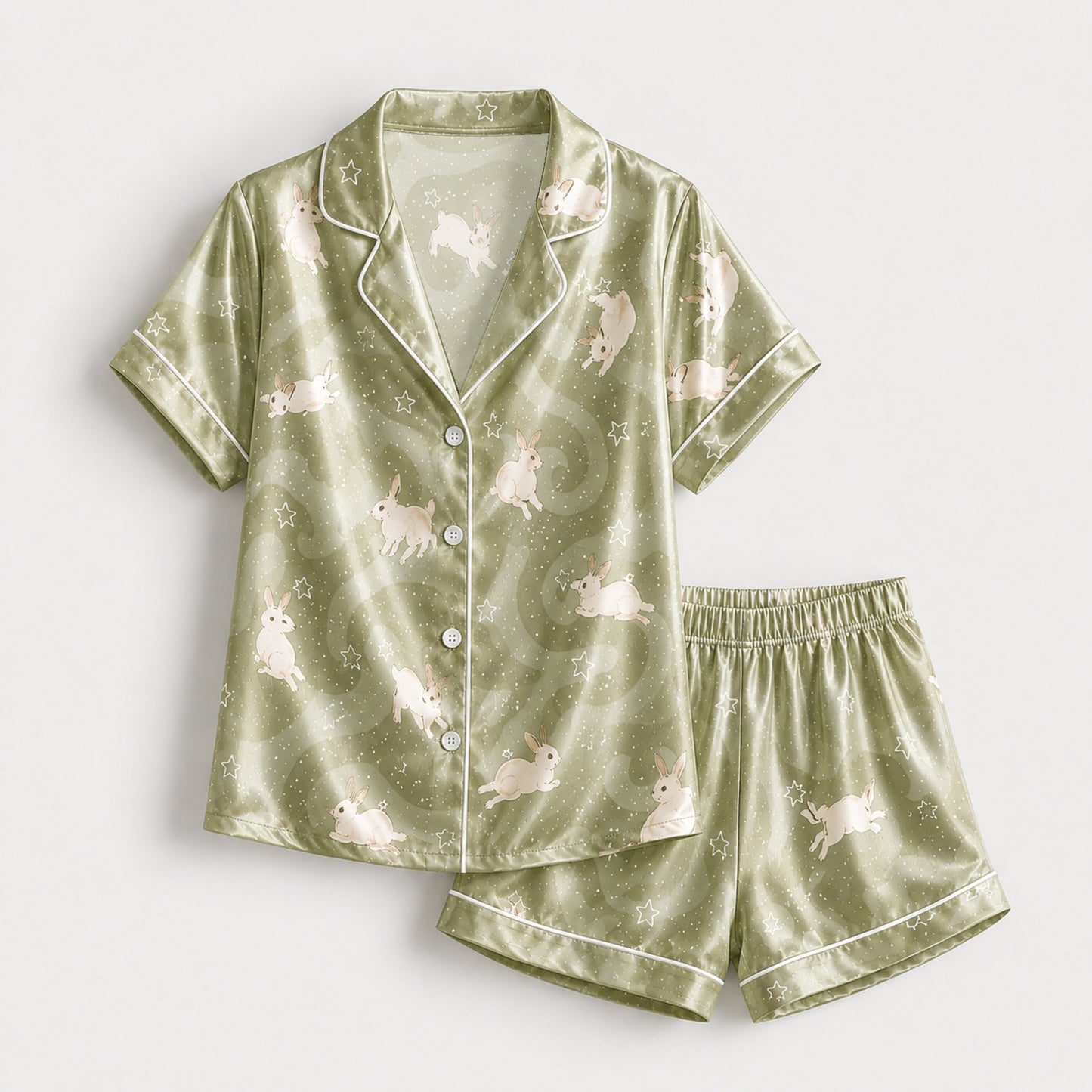 PJ-129-Sage Green Rabbit Bunny Print Satin Pajamas Whimsical Starry Loose Fit Loungewear Sleepwear Nightwear Pjs Clothing Set