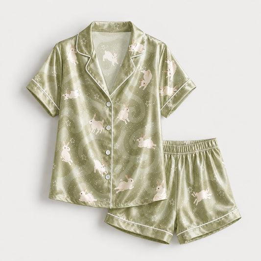 PJ-129-Sage Green Rabbit Bunny Print Satin Pajamas Whimsical Starry Loose Fit Loungewear Sleepwear Nightwear Pjs Clothing Set