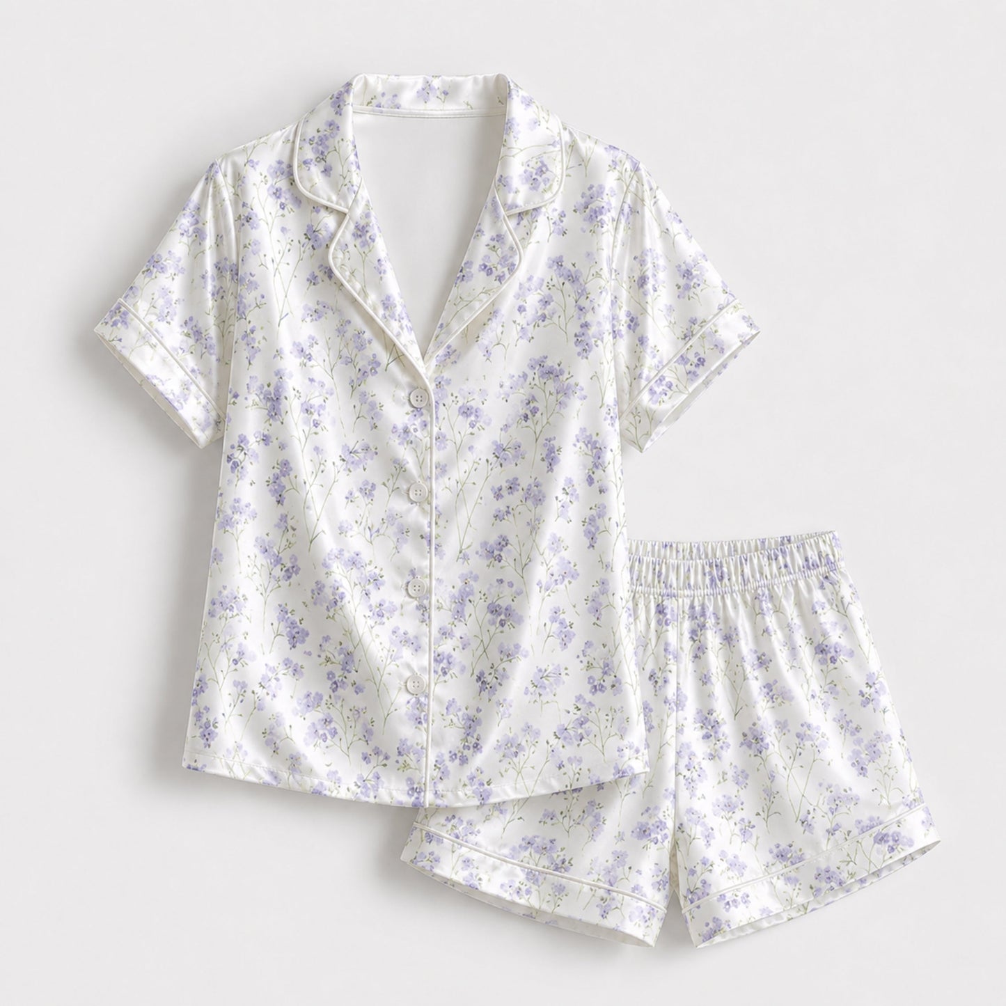 PJ-130-Purple Botanical Pattern Pajamas Luxury Satin Ditsy Blossom Theme Boxy Fit Elegant Loungewear Sleepwear Nightwear Apparel Set