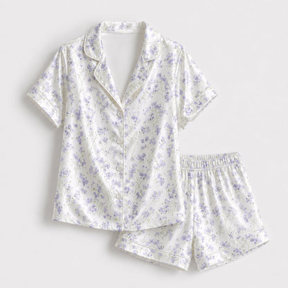 PJ-130-Purple Botanical Pattern Pajamas Luxury Satin Ditsy Blossom Theme Boxy Fit Elegant Loungewear Sleepwear Nightwear Apparel Set