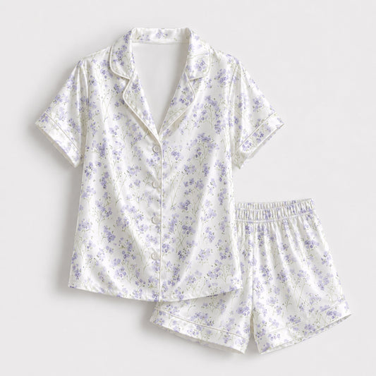 PJ-130-Purple Botanical Pattern Pajamas Luxury Satin Ditsy Blossom Theme Boxy Fit Elegant Loungewear Sleepwear Nightwear Apparel Set