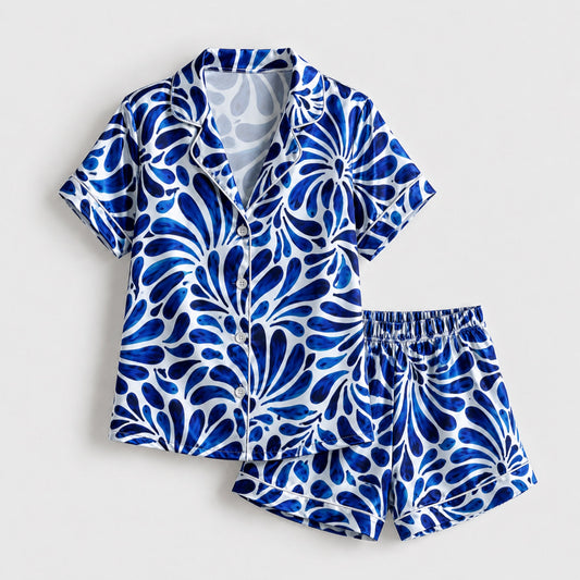PJ-131-White Blue Abstract Floral Print Satin Pajamas Mediterranean Petal Loose Fit Loungewear Sleepwear Nightwear Pjs Set