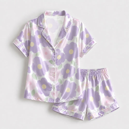 PJ-132-Abstract Botanical Pattern Pajamas Luxury Satin Pastel Violet Theme Boxy Fit Loungewear Sleepwear Nightwear Apparel Set