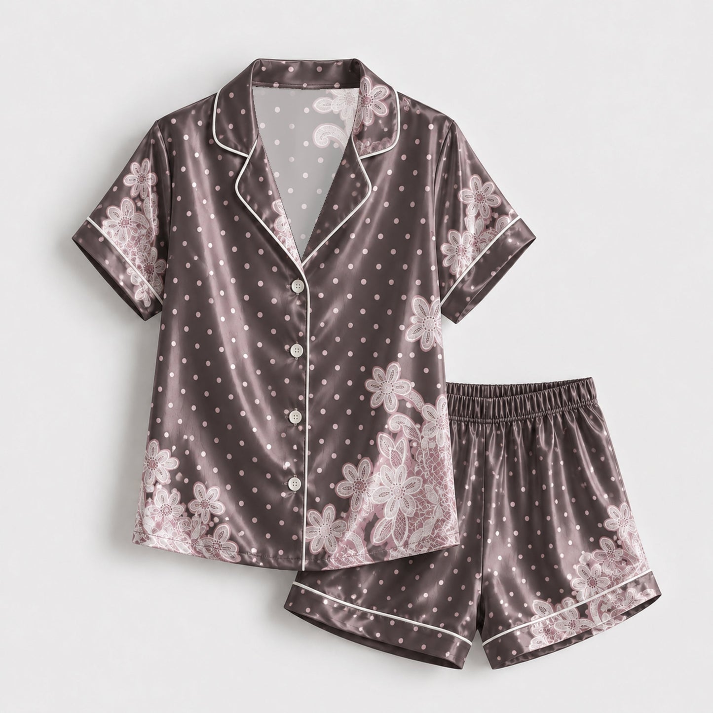 PJ-133-Women Polka Dot Satin Pajamas Floral Border Pattern Loungewear Sleepwear Nightwear Brown Taupe Pjs Matching Set