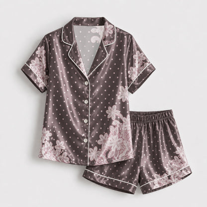 PJ-133-Women Polka Dot Satin Pajamas Floral Border Pattern Loungewear Sleepwear Nightwear Brown Taupe Pjs Matching Set