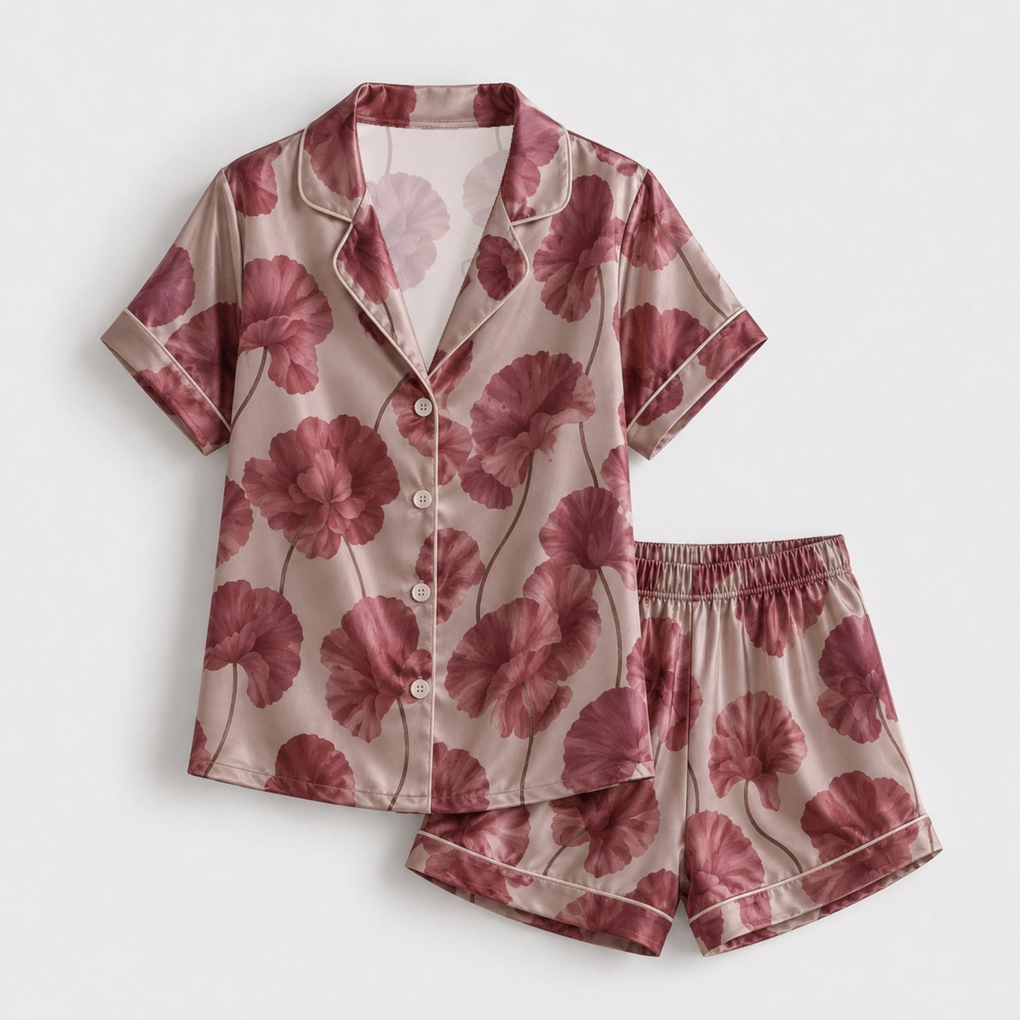 PJ-134-Romantic Floral Satin Pajama Set, Mauve Flower Button Up Nightwear, Cozy Matching Set
