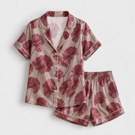 PJ-134-Romantic Floral Satin Pajama Set, Mauve Flower Button Up Nightwear, Cozy Matching Set