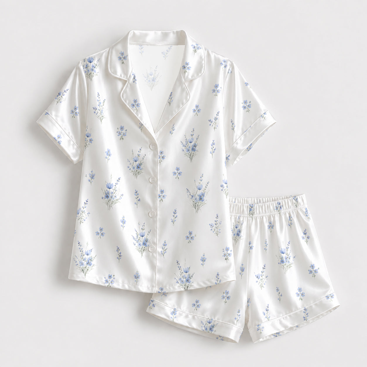 PJ-135-Minimal Blue Floral Satin Pajama Set, White Button Up Shirt, Delicate Botanical Sleepwear Gift