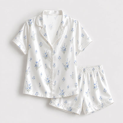 PJ-135-Minimal Blue Floral Satin Pajama Set, White Button Up Shirt, Delicate Botanical Sleepwear Gift