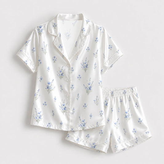 PJ-135-Minimal Blue Floral Satin Pajama Set, White Button Up Shirt, Delicate Botanical Sleepwear Gift
