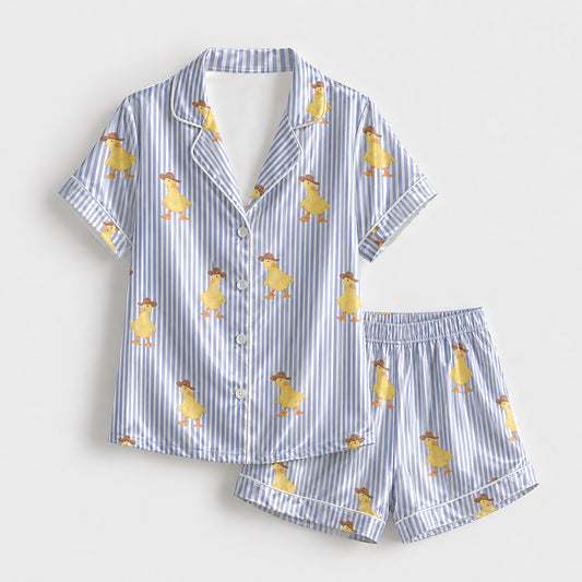 PJ-136-Blue Striped Duck Satin Pajama Set, Silky Button Up PJs, Cute Animal Print Sleepwear, Matching Lounge Set Gift