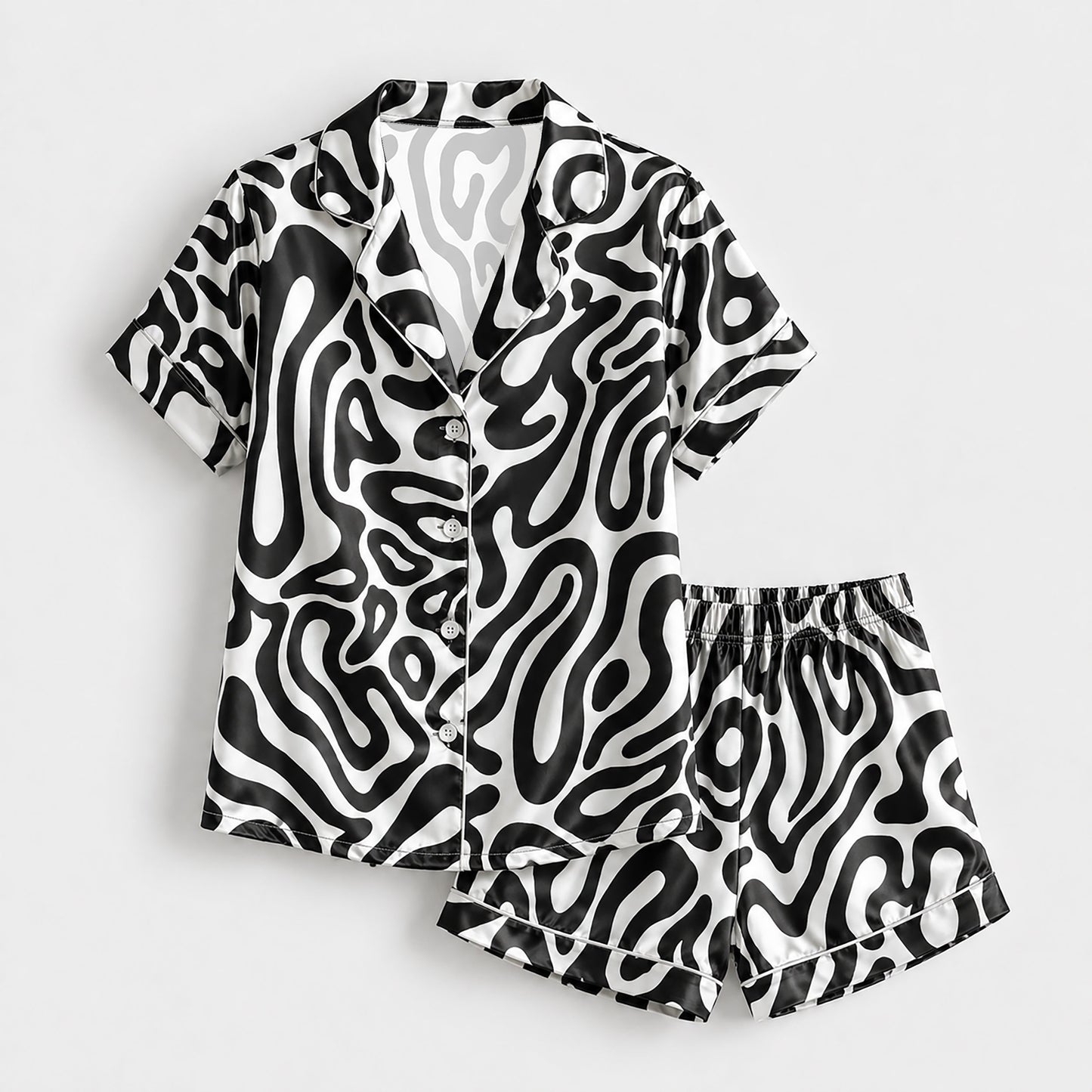 PJ-137-Black White Wavy Satin Pajama Set, Silky Button Up PJs, Modern Abstract Pattern Sleepwear, Matching Lounge Set Gift