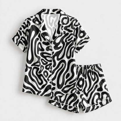 PJ-137-Black White Wavy Satin Pajama Set, Silky Button Up PJs, Modern Abstract Pattern Sleepwear, Matching Lounge Set Gift