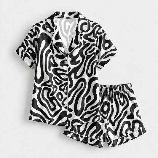 PJ-137-Black White Wavy Satin Pajama Set, Silky Button Up PJs, Modern Abstract Pattern Sleepwear, Matching Lounge Set Gift
