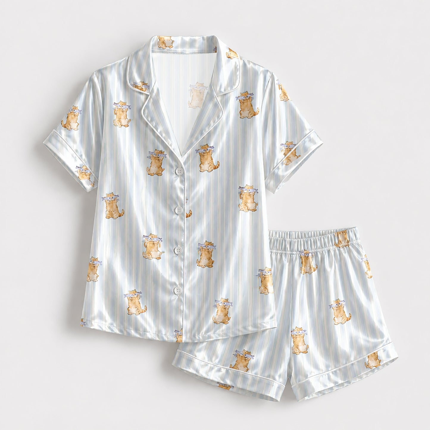 PJ-138-Cute Cat Blue Striped Pajama Set, Silky Satin PJs, Funny Cat Lover Gift, Bridal Party Sleepwear, Cozy Morning Loungewear