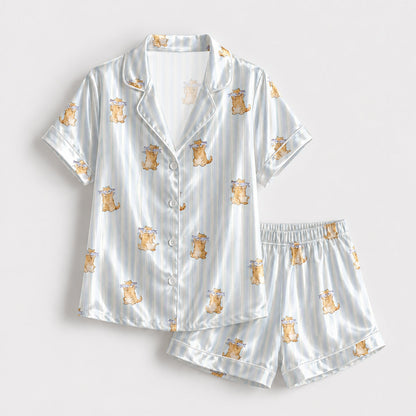 PJ-138-Cute Cat Blue Striped Pajama Set, Silky Satin PJs, Funny Cat Lover Gift, Bridal Party Sleepwear, Cozy Morning Loungewear