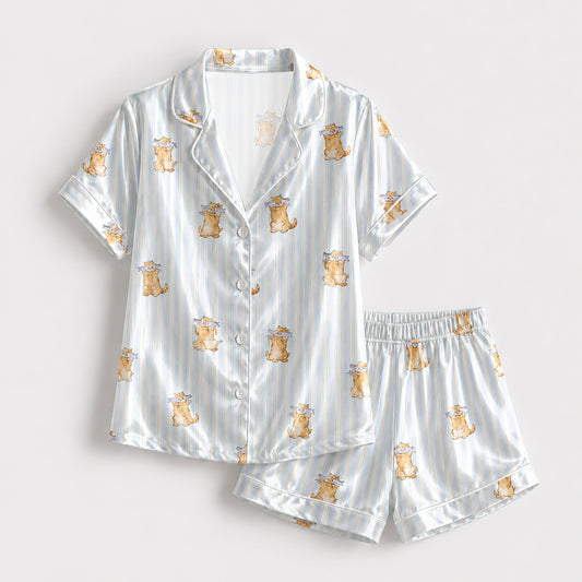 PJ-138-Cute Cat Blue Striped Pajama Set, Silky Satin PJs, Funny Cat Lover Gift, Bridal Party Sleepwear, Cozy Morning Loungewear