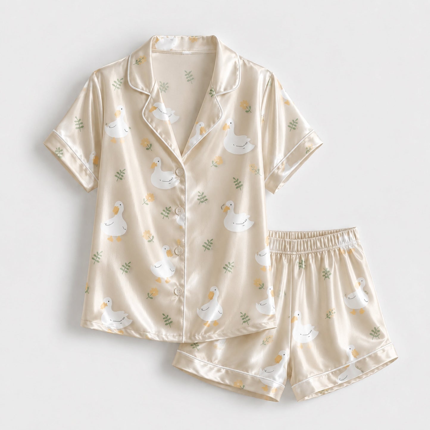 PJ-139-Unisex Cream Satin Pajama Set with White Duck Pattern Button Down Shirt and Pants