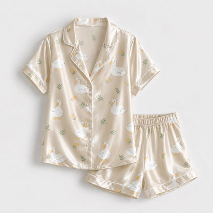 PJ-139-Unisex Cream Satin Pajama Set with White Duck Pattern Button Down Shirt and Pants