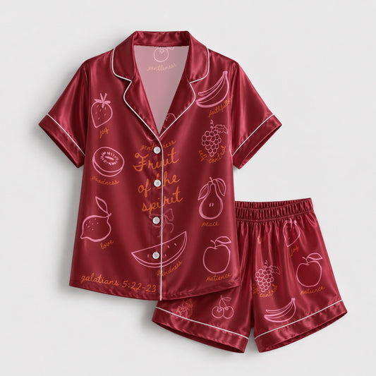 PJ-140-Unisex Satin Pajamas with Fruit of the Spirit Burgundy Print Button Front Sleepwear Set