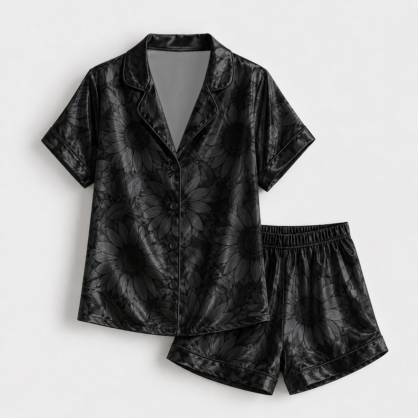 PJ-141-Unisex Satin Pajama Set with Black Sunflower Print Button Down Sleepwear Shirt and Pants