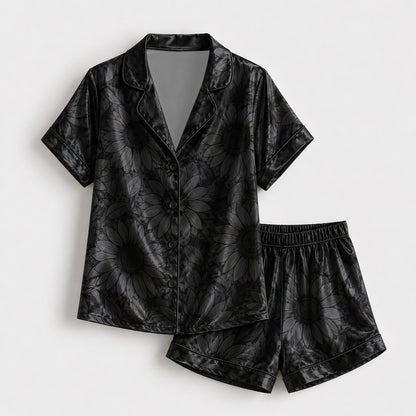PJ-141-Unisex Satin Pajama Set with Black Sunflower Print Button Down Sleepwear Shirt and Pants