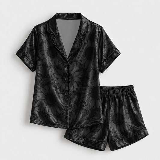 PJ-141-Unisex Satin Pajama Set with Black Sunflower Print Button Down Sleepwear Shirt and Pants