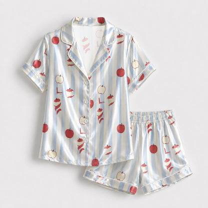 PJ-142-Unisex Satin Pajama Set with Red Apple Print Blue Striped Button Down Sleepwear Shirt and Pants
