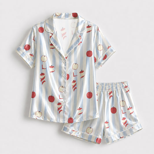 PJ-142-Unisex Satin Pajama Set with Red Apple Print Blue Striped Button Down Sleepwear Shirt and Pants