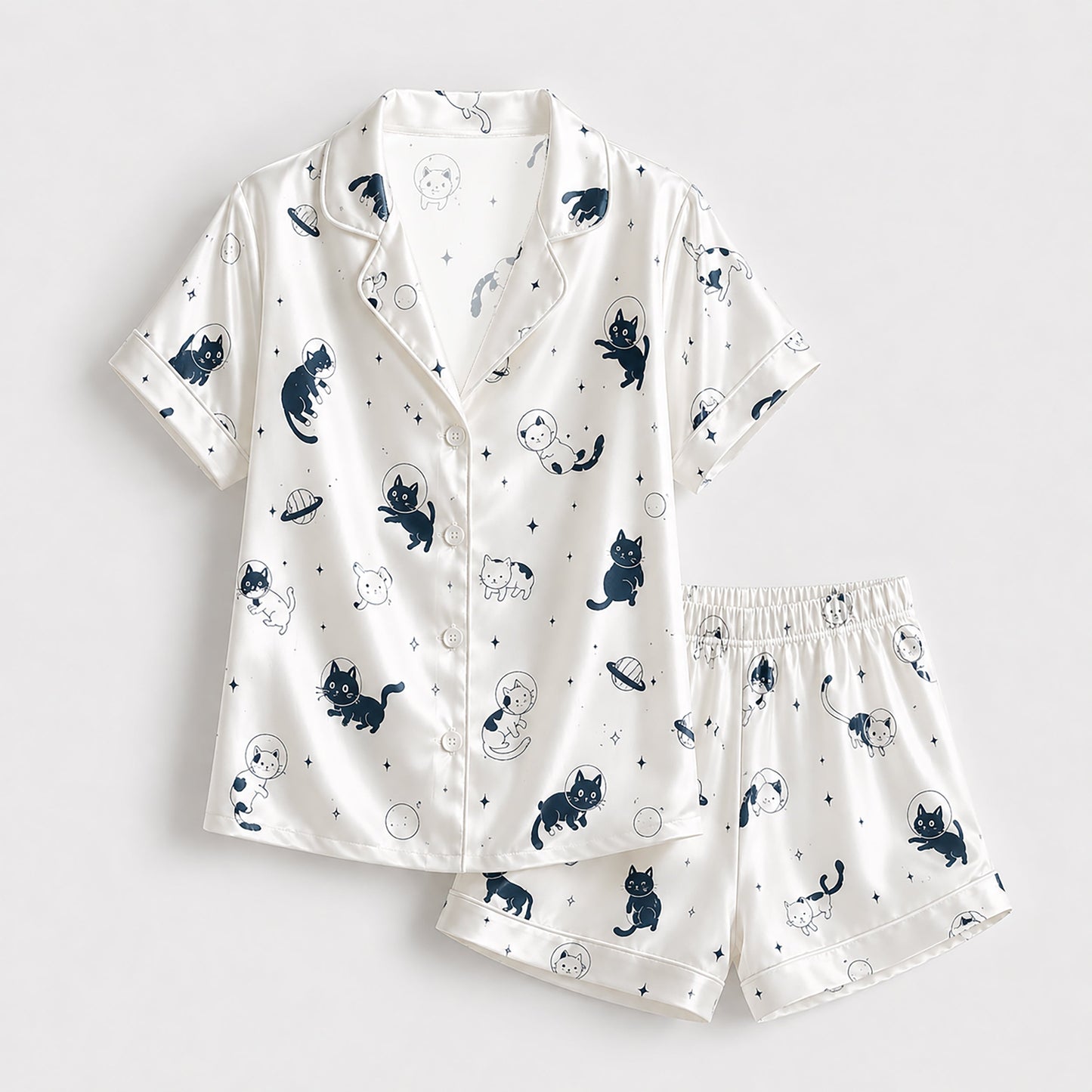PJ-143-Unisex Satin Pajamas with Astronaut Cat Print White Button Front Sleepwear Set