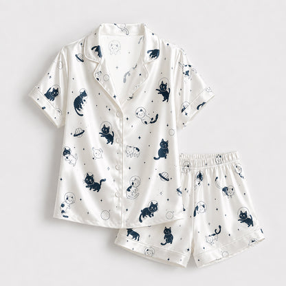PJ-143-Unisex Satin Pajamas with Astronaut Cat Print White Button Front Sleepwear Set
