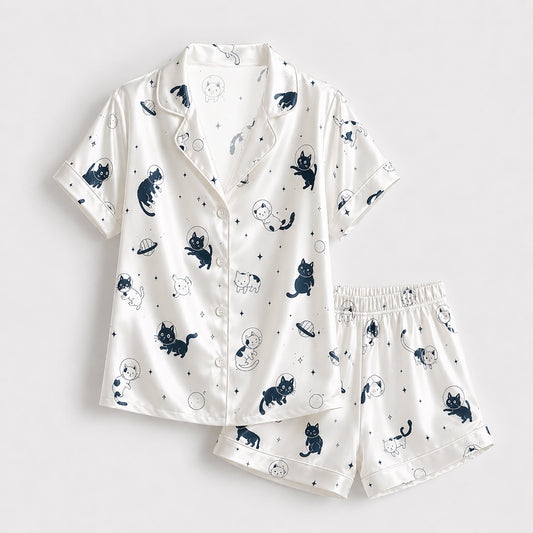 PJ-143-Unisex Satin Pajamas with Astronaut Cat Print White Button Front Sleepwear Set