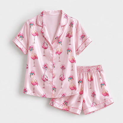 PJ-144-Women Pink Satin Pajamas with Flamingo Print Button Front Sleepwear Shirt and Pants