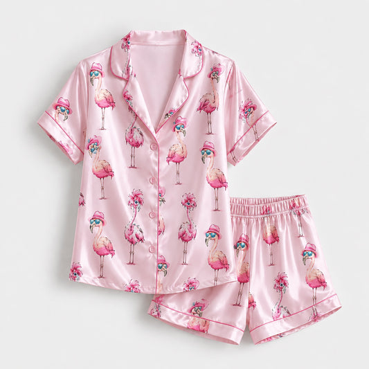PJ-144-Women Pink Satin Pajamas with Flamingo Print Button Front Sleepwear Shirt and Pants