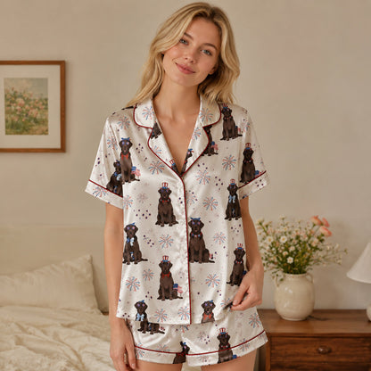 PJ-145-Unisex Chocolate Labrador Dog Satin Pajamas Patriotic 4th Of July Loungewear Sleepwear Nightwear Pjs Two Piece