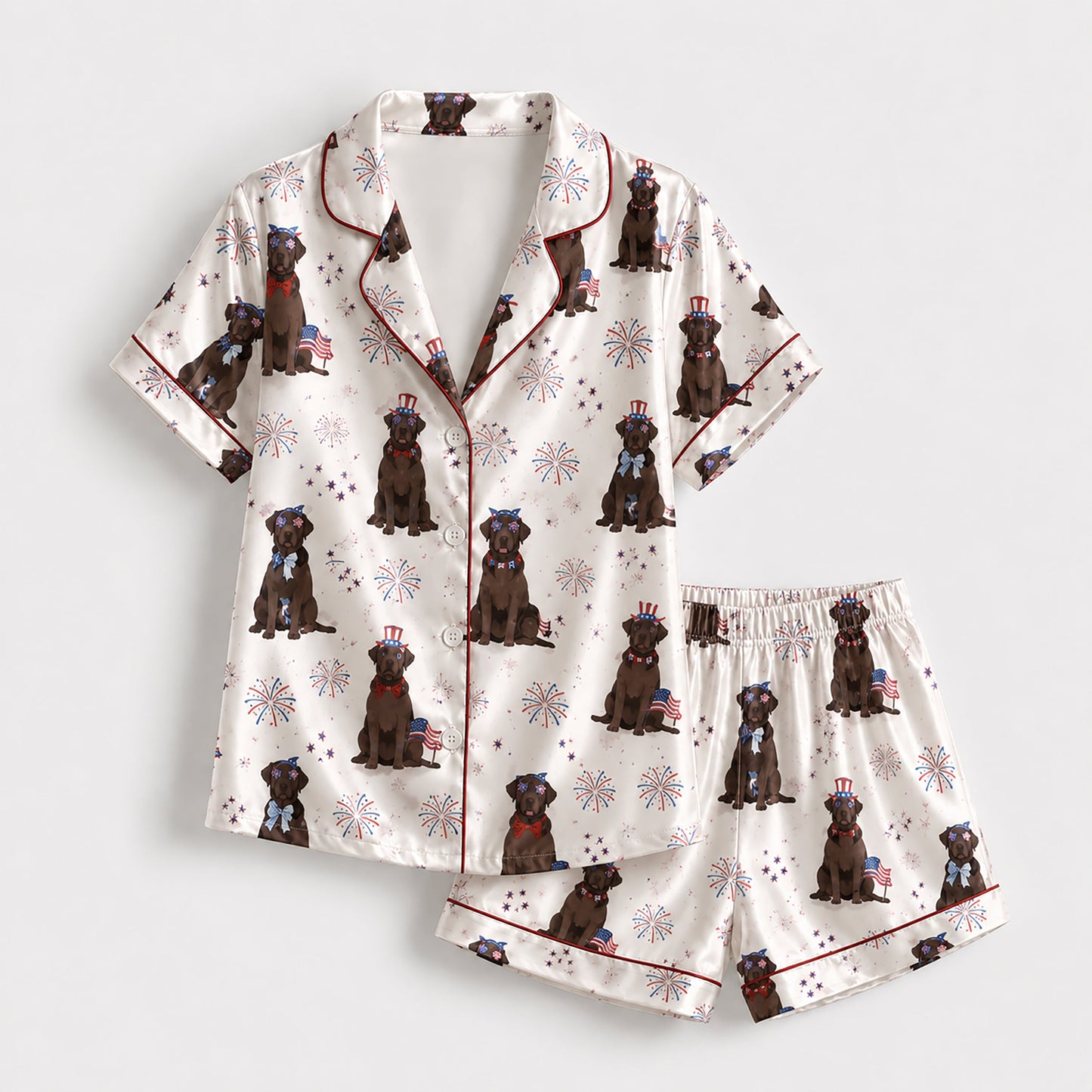 PJ-145-Unisex Chocolate Labrador Dog Satin Pajamas Patriotic 4th Of July Loungewear Sleepwear Nightwear Pjs Two Piece