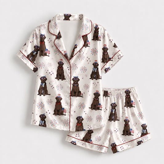 PJ-145-Unisex Chocolate Labrador Dog Satin Pajamas Patriotic 4th Of July Loungewear Sleepwear Nightwear Pjs Two Piece