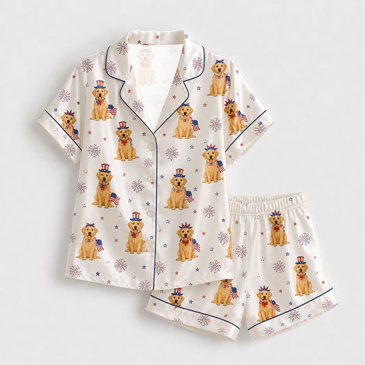 PJ-146-White Unisex Satin Golden Lab Pattern Pajamas Patriotic Fireworks Loungewear Sleepwear Nightwear Apparel Matching Set