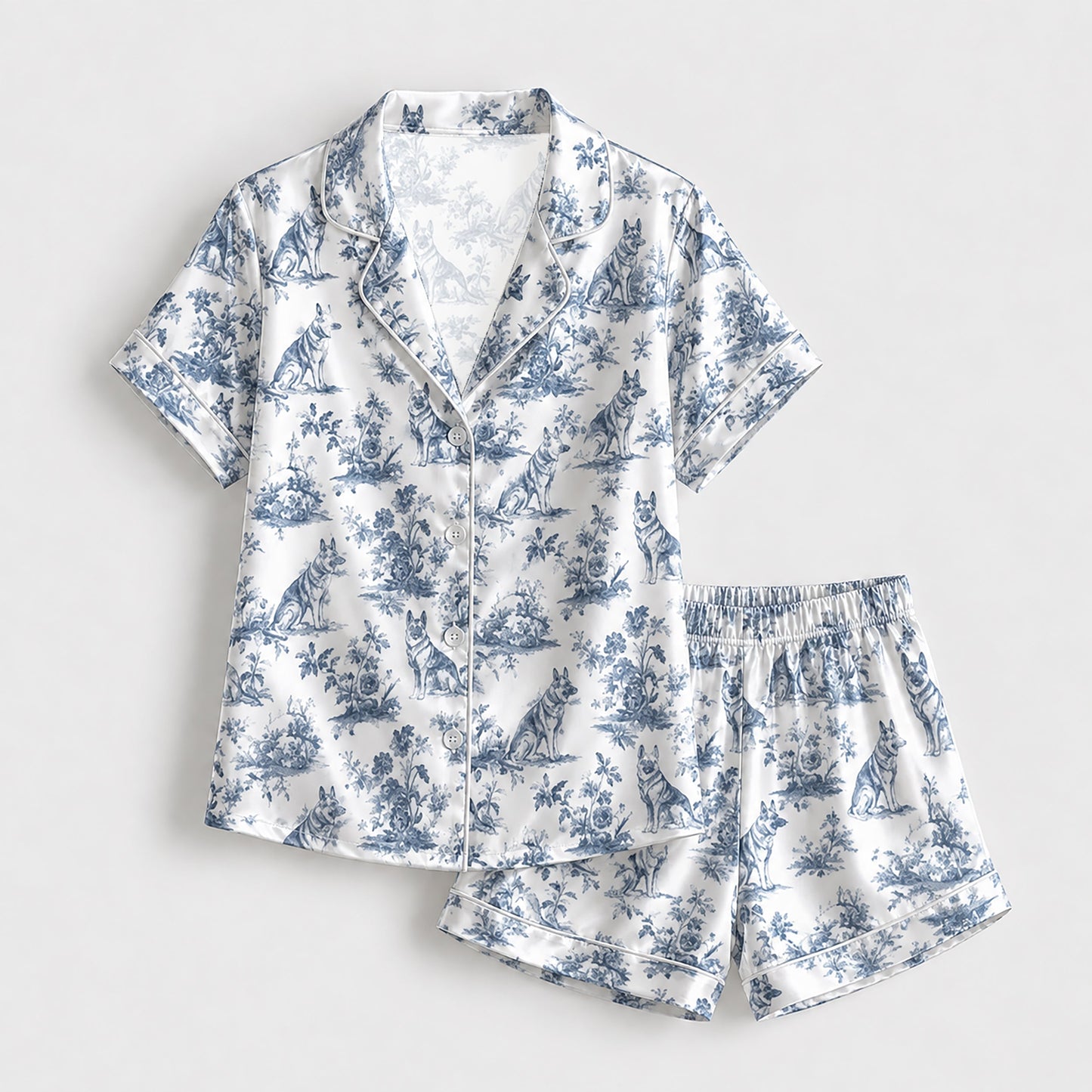 PJ-147-Unisex Satin Pajama Set with Blue Dog Toile Print Button Down Sleepwear Shirt and Pants
