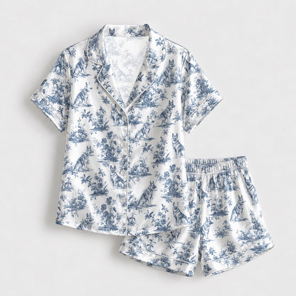 PJ-147-Unisex Satin Pajama Set with Blue Dog Toile Print Button Down Sleepwear Shirt and Pants