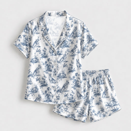 PJ-147-Unisex Satin Pajama Set with Blue Dog Toile Print Button Down Sleepwear Shirt and Pants