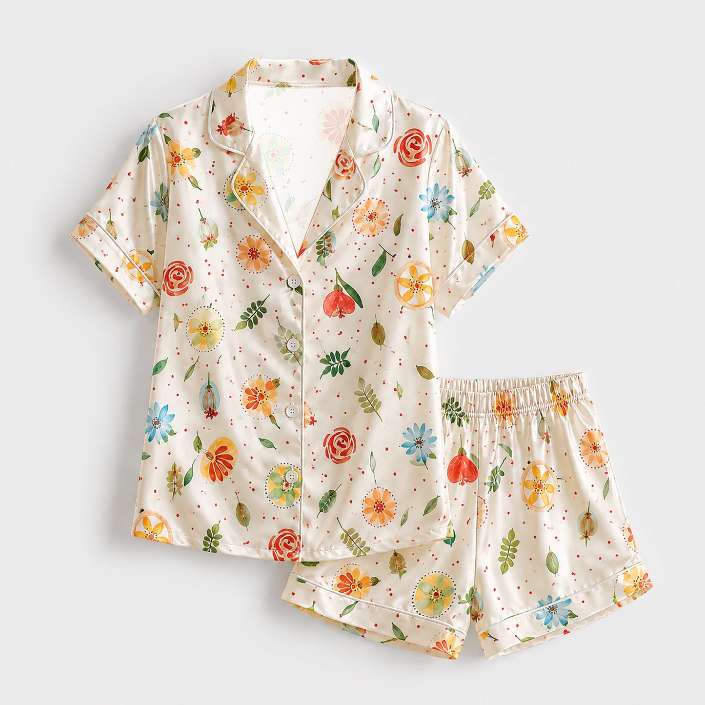 PJ-148-Women Satin Pajamas with Colorful Flower Print Button Front Sleepwear Shirt and Pants