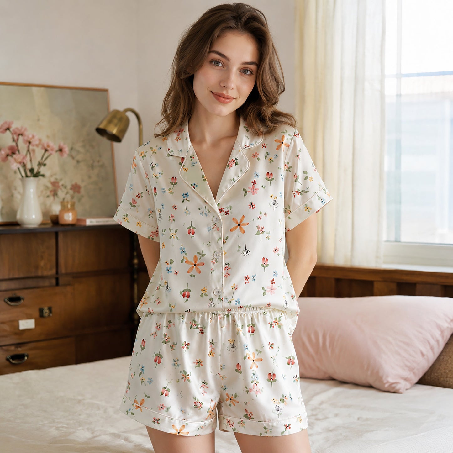 PJ-149-Women Satin Pajama Set with Dainty Floral Print Button Down Sleepwear Shirt and Pants