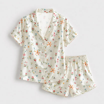PJ-149-Women Satin Pajama Set with Dainty Floral Print Button Down Sleepwear Shirt and Pants